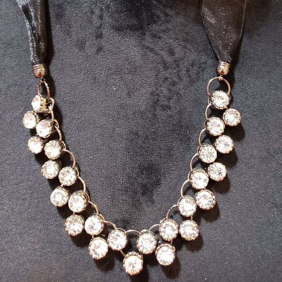 Womens Gold Plated Faceted Round Cut Crystals Prong Link Necklace with Ribbon - Picture 1 of 7